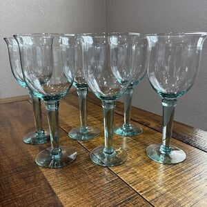 Set Of 6 Mexican Blown Glass Green Water Wine Goblets 9.5" x 4.25" diameter
